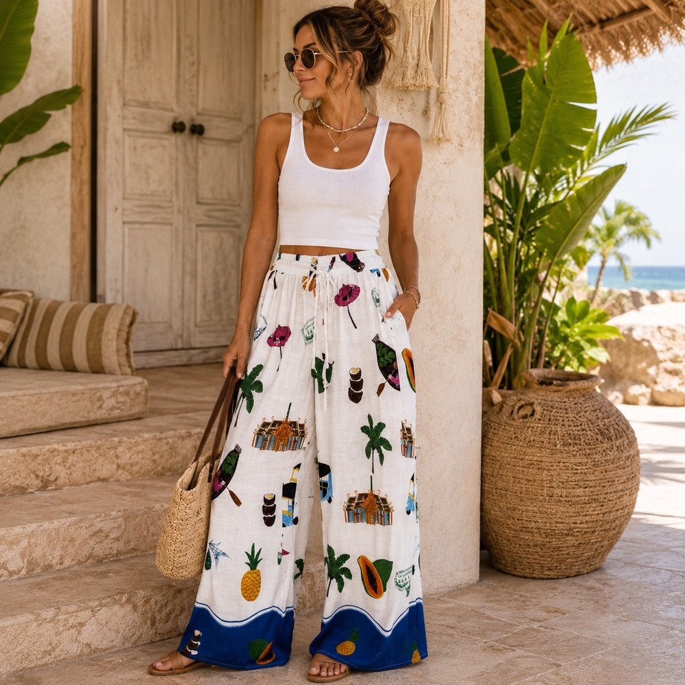 Paper Heart XL Tropical Vacation Print Wide Leg Linen Blend Pants Resort